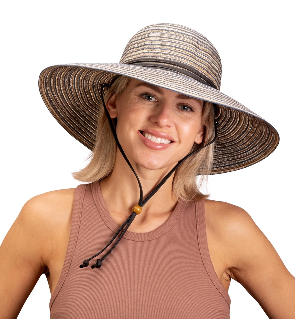 Women's Wide Brim Braided Sun Hat with Wind Lanyard - UPF | Earth Brown | Size M